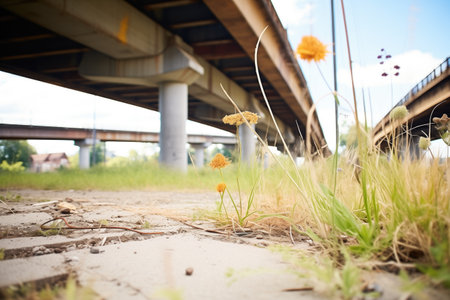 crumbling infrastructure overgrown with dry weedsの素材