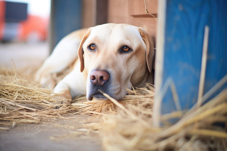 labrador curled up on hay near an old barn entranceの素材