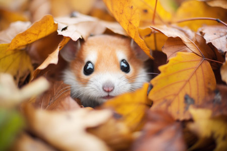 dormouse peeking from a pile of autumn leavesの素材