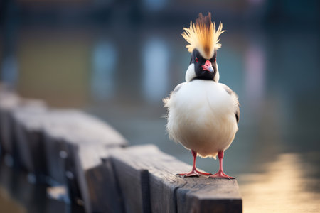 crested duck perched on dock in early morningの素材