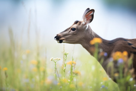 duiker sniffing air amidst wildflowersの素材