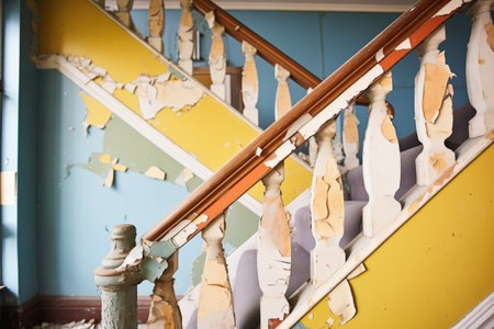 staircase banister with peeling paint in hallの素材