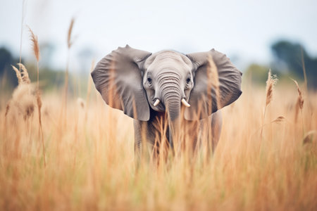 elephant flapping ears amidst savannah grassの素材