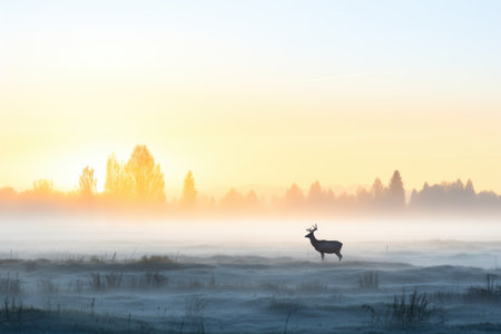 misty meadow with elk silhouette at dawnの素材