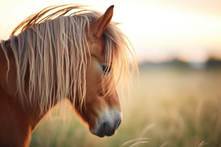 evening light on a horses mane in a pastureの素材