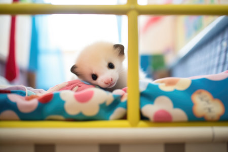 ferret peeking out from playpen cornerの素材