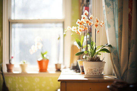 sunlight shining on potted orchids near windowの素材