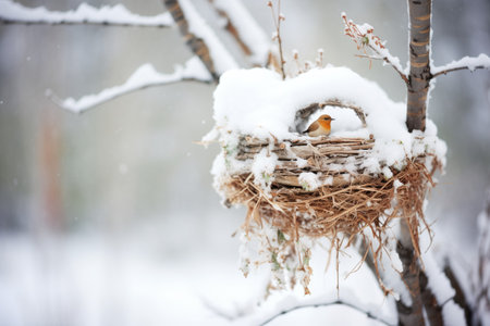 winter shot of a snow-dusted squirrel nest entranceの素材