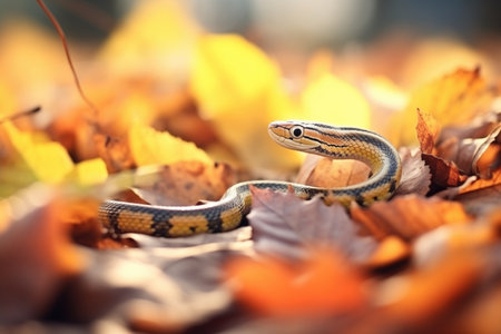 garter snake amid sunlit autumn leavesの素材