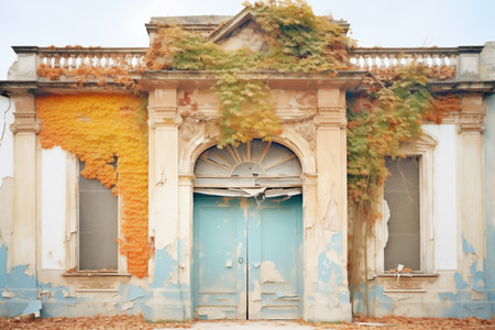 ivy-covered facade of a crumbling manorの素材
