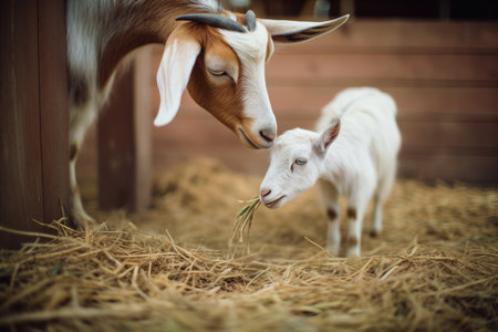 mother goat and kid sharing a meal of hayの素材