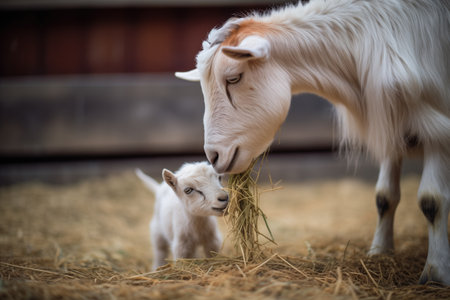 mother goat and kid sharing a meal of hayの素材