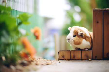 guinea pig in a wooden enclosure, squeaking at edgeの素材