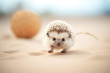 startled hedgehog going into a ball on a sandy trailの素材