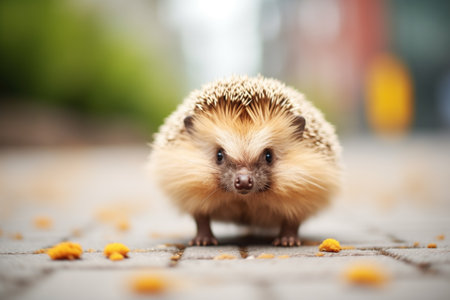 alert hedgehog starting to roll on garden soilの素材