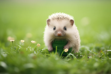 fluffy hedgehog in a patch of cloverの素材