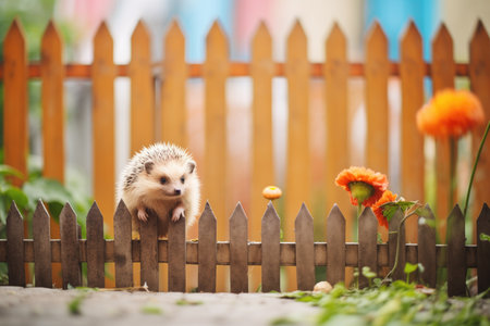 young hedgehog near a small garden fenceの素材