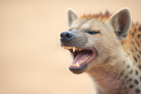 close-up of spotted hyena face mid-laughの素材
