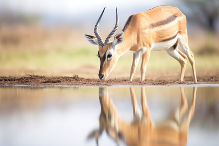 reflection of impala drinking from a grassland pondの素材