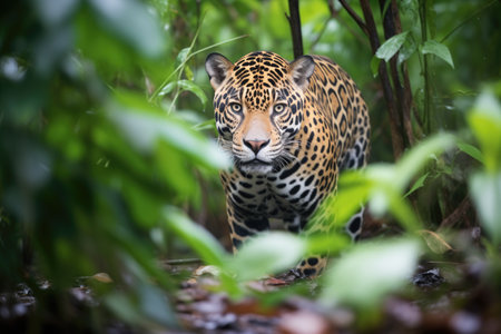 jaguar prowling through dense jungle foliageの素材