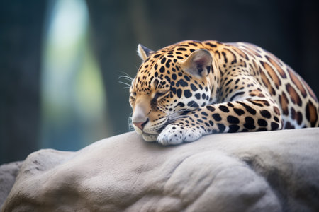 jaguar napping on a sunlit boulder away from the tree coverの素材
