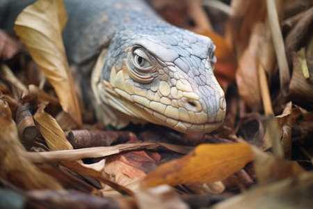 komodo dragon amidst fallen bamboo leavesの素材