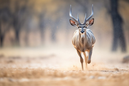 kudu in mid-run through dusty terrainの素材