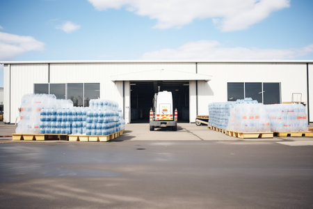 pallets of water bottles in distribution centerの素材