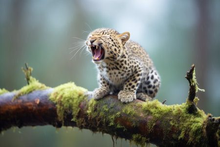 leopard yawning on a mossy limbの素材