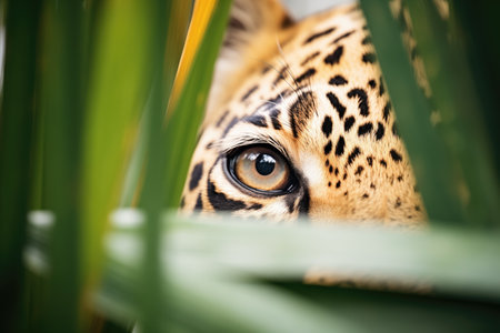 close-up of leopard eyes peering from leavesの素材