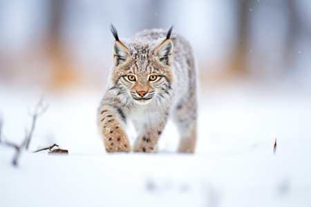 solo lynx prowling through fresh snowの素材