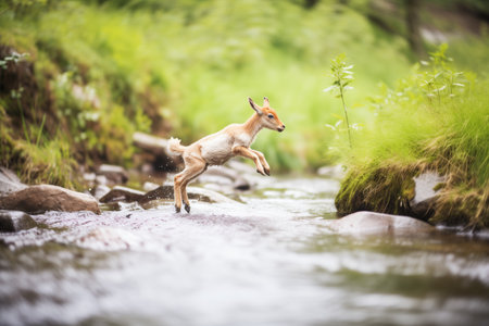 energetic kid goat jumping over a stream in the highlandsの素材