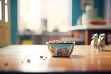 pet bowl full of food in an empty houseの素材