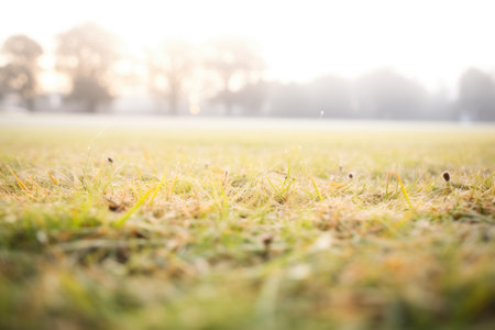 dewy grass field with a layer of low-lying fogの素材