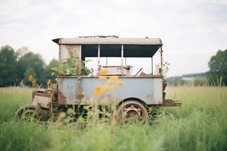 dilapidated carriage in an overgrown fieldの素材