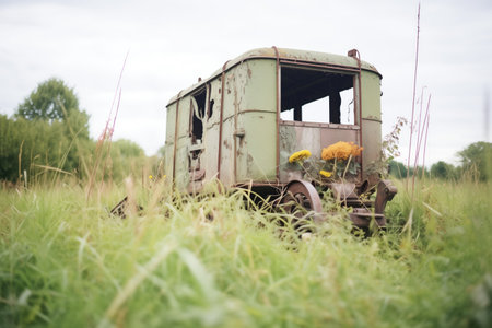 dilapidated carriage in an overgrown fieldの素材