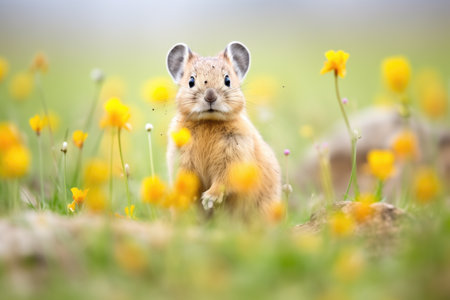 pika in a field of wildflowers callingの素材