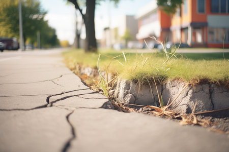 cracked sidewalks with grass sprouting throughの素材