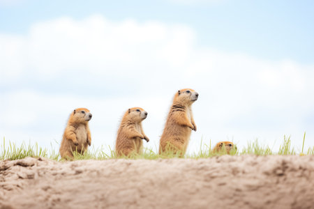 prairie dogs lined on a ridge, one chirping to the othersの素材