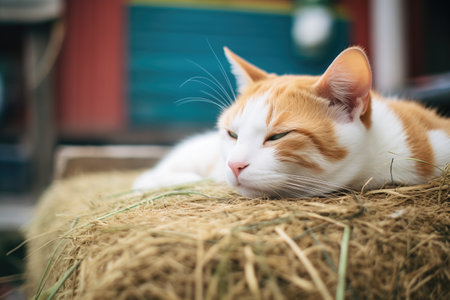 farm cat napping on a hay baleの素材