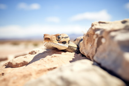 rattlesnake peering over desert stoneの素材