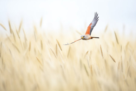 red kite navigating through a field of tall grassesの素材
