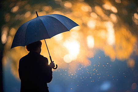 silhouetted person under an umbrella in the rainの素材