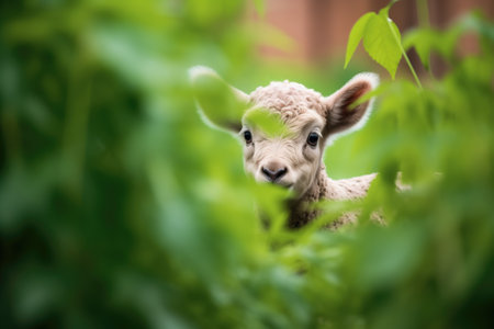 solitary lamb gazing into the lens amidst greeneryの素材