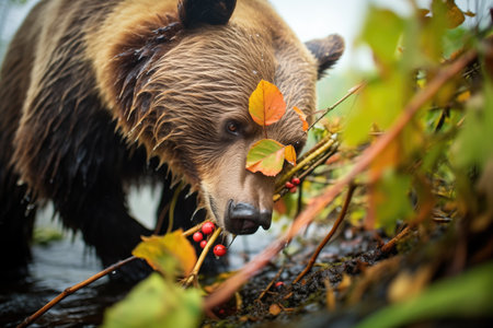 bear foraging for berries, vibrant foliage aroundの素材