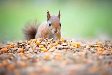 young squirrel exploring a pile of nutsの素材