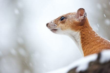 profile of stoat with winter forest backdropの素材