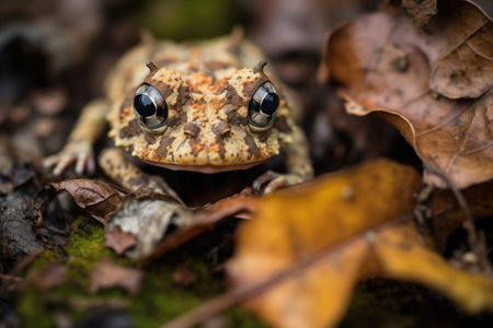 toad on leaf litter in a dense shadeの素材