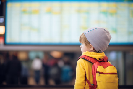 child with backpack gazing at airport flight boardの素材