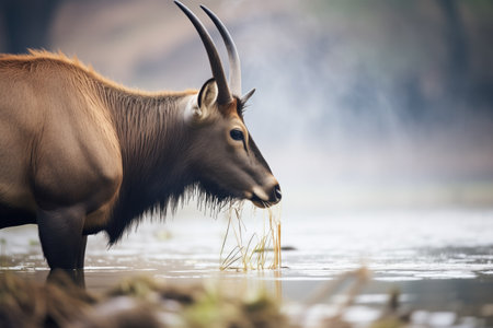 waterbuck snorting water by riverbankの素材
